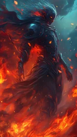 Armored fire entity stands amid swirling flames and smoke