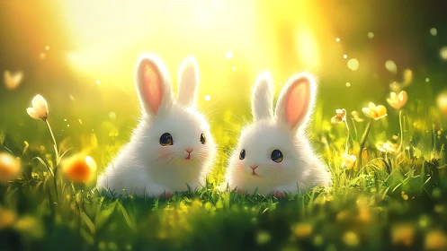 White rabbits in sunlit meadow with yellow flowers.