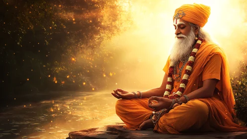 Digital painting of meditative sage in radiant riverside light.