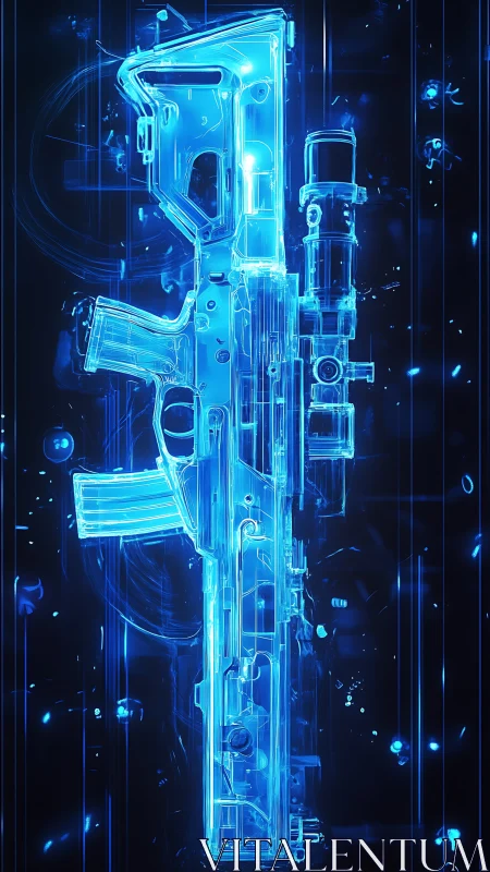 Holographic rifle schematic in luminous blue digital projection.