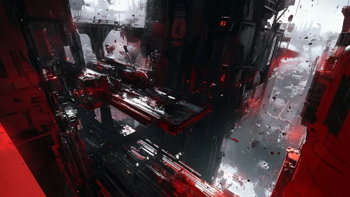 Shattered cyberpunk megastructures collapse into red-lit void