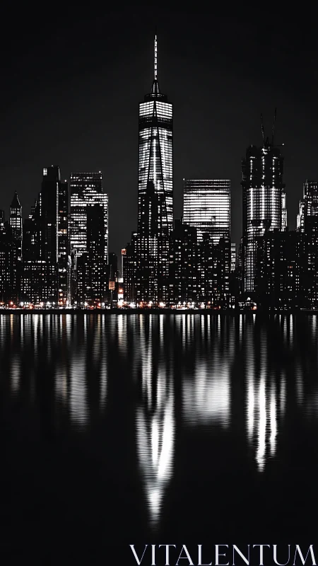 Monochrome waterfront skyline with mirrored high-rise reflections.