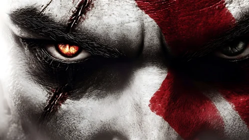 Close-up warpainted warrior face with glowing molten eye