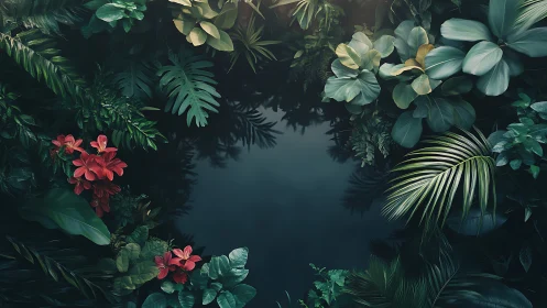 Symmetric tropical foliage frame encircling dark negative space.