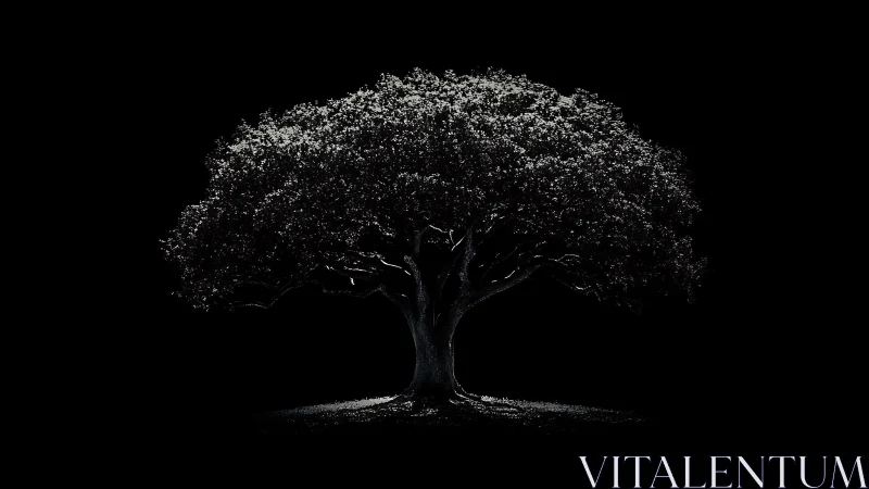 Monochrome oak silhouette isolated in dramatic low key lighting.