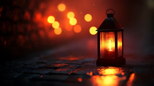 Illuminated Black Lantern on Ground with Bokeh Lights