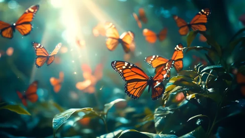 Luminous monarch butterflies swirling through misty forest light.