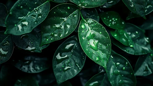 Wet green leaves display water droplets in close-up view