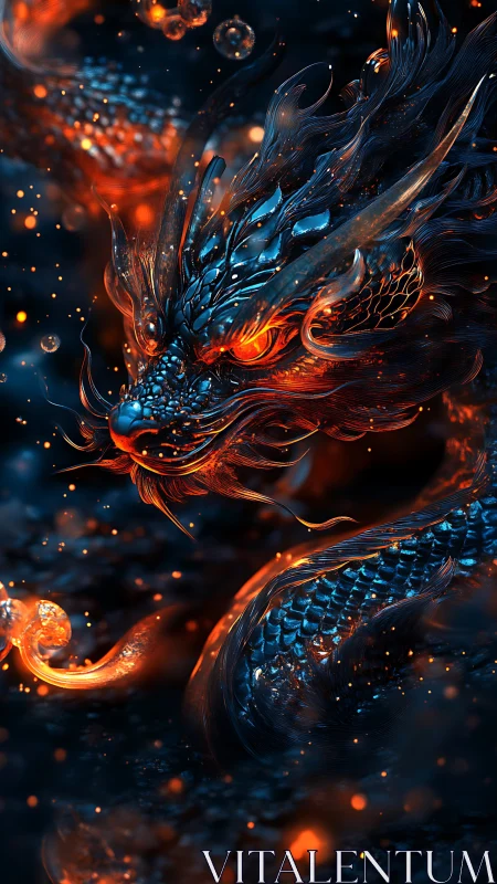 Fiery blue dragon swirling through glowing embers at night.