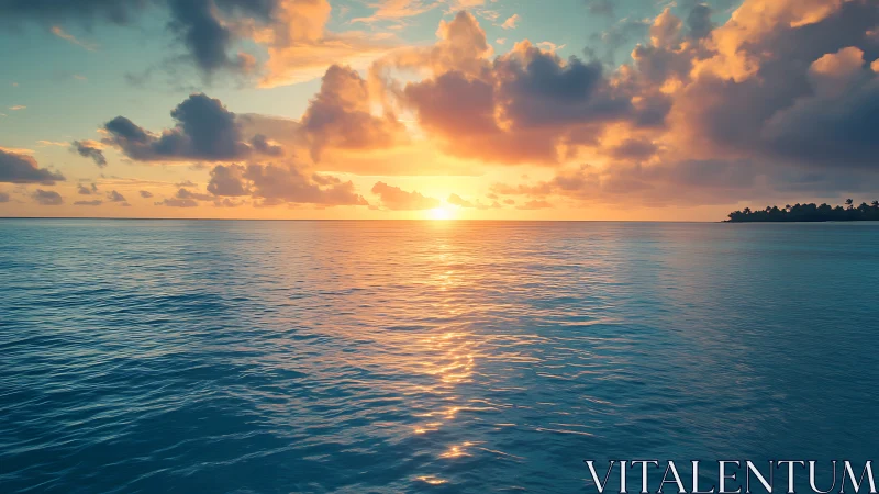 Photorealistic seascape horizon with radiant sunset symmetry.