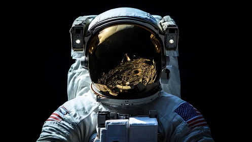 Astronaut visor reflects detailed lunar surface under darkness.