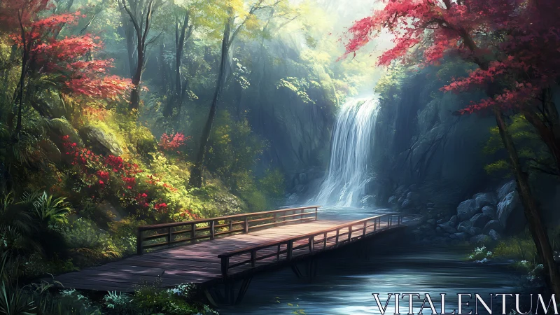 Wooden bridge under forest waterfall in morning light.