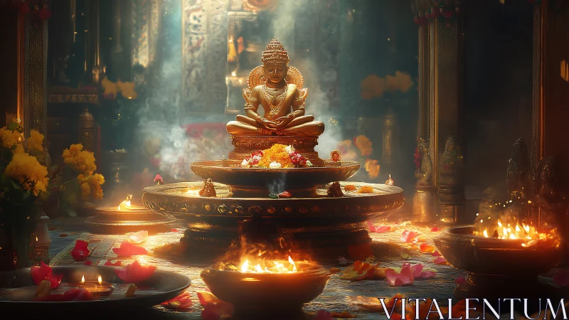Golden deity sculpture centered amid ritual fire altars and petals