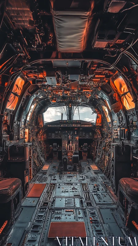 Decommissioned aircraft cockpit interior glows with warm light