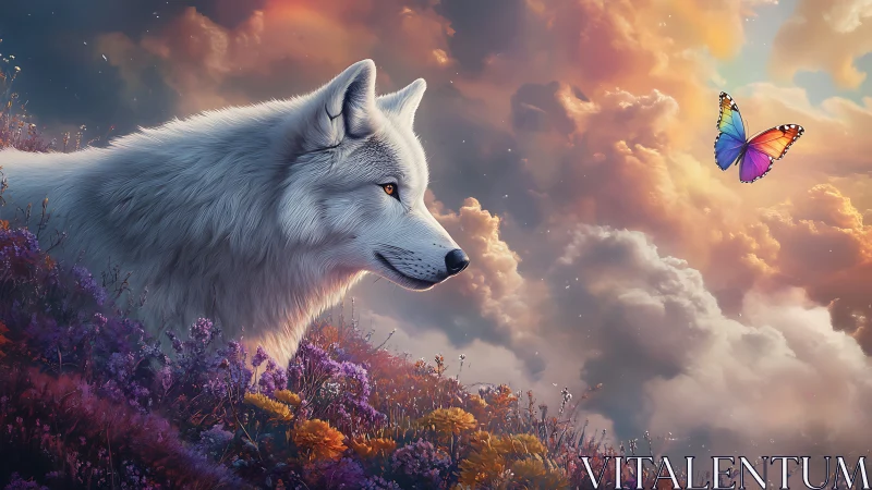 Sky-musing white wolf greeting a wandering rainbow butterfly.