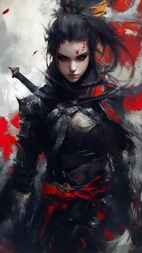 Fierce red-ribbon warrior framed in swirling storm colors.