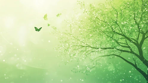 Green tree with butterflies against bright abstract background