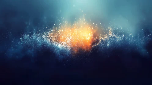 Glowing orange particle cloud expands inside dark blue fog