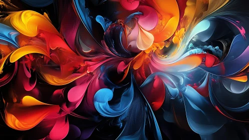 Multicolored abstract swirls on dark digital background.