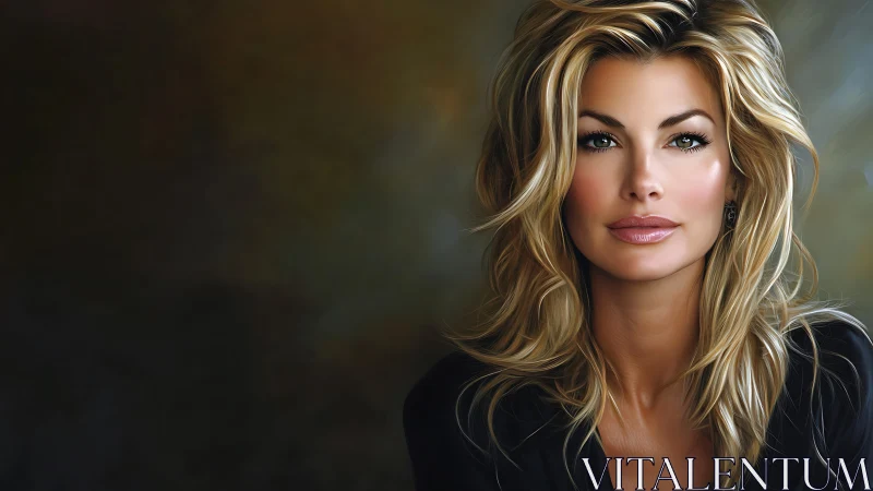 Hyperreal digital portrait of blonde woman on dark bokeh field