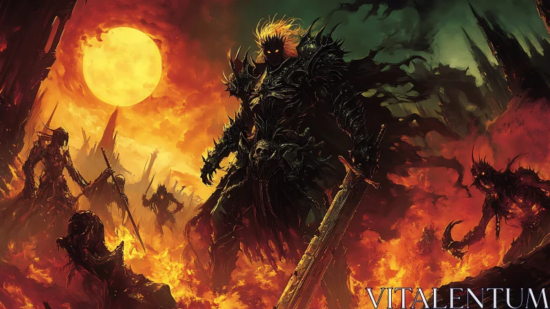 Armored central figure stands amid flames and hostile silhouettes