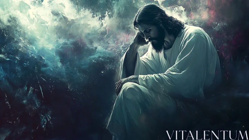 Silent-robed figure listens to storm-tossed prayers in dusk