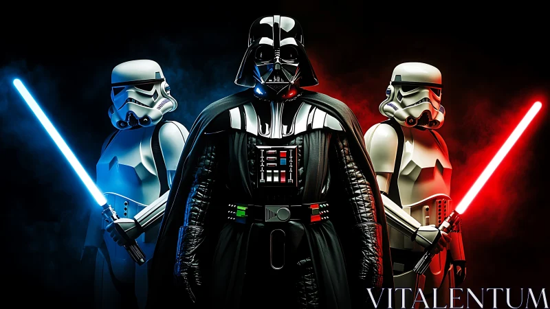 Dark warlord commands twin-lit troopers in neon mist