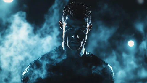 Midnight contender emerging from neon stormlight haze.