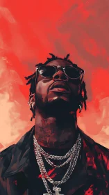 Digital portrait of man in sunglasses and chains on red field.