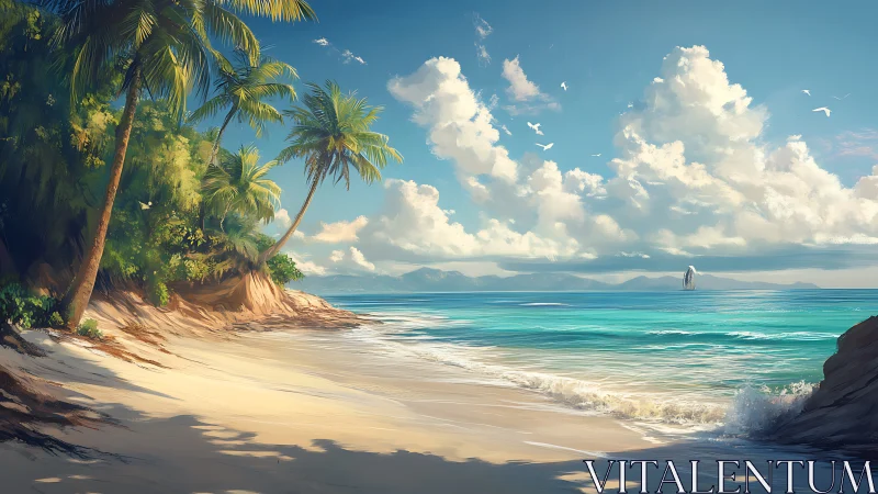 Tropical Beach Paradise with Palm Trees and Turquoise Waters.