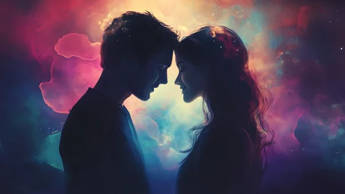Silhouetted Couple in Cosmic Light, Facing Each Other.