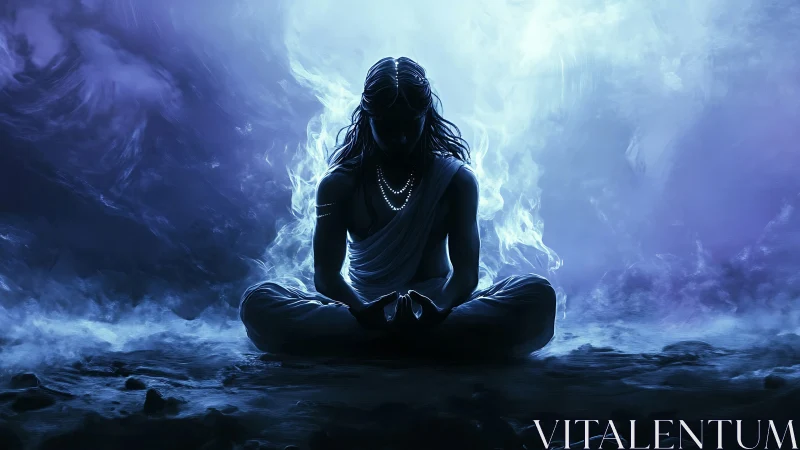 Luminous meditative silhouette in volatile blue atmospheric field.