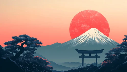 Mount Fuji silhouette with torii gate and red sun at dusk.