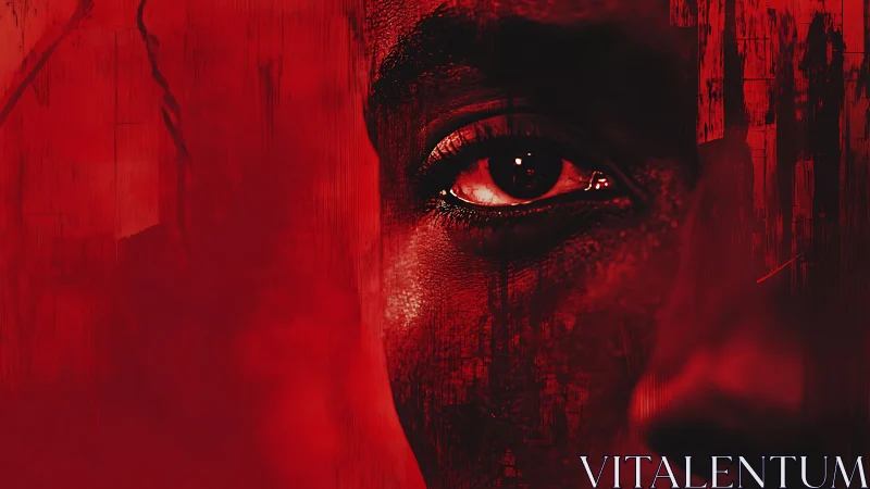 Intense red portrait drawing you into a single searching eye.