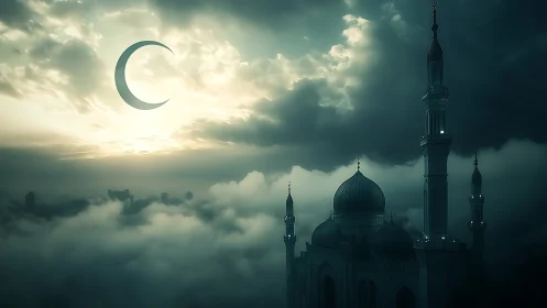 Moonlit mosque rising gently above soft twilight clouds.