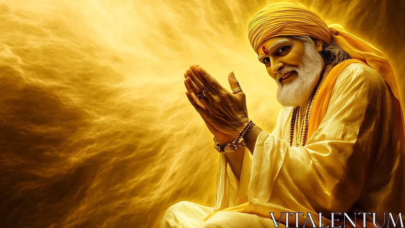 Elderly holy man in yellow robes against glowing backdrop.