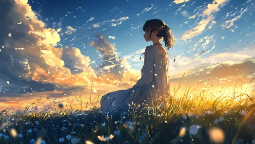 Girl seated in flower field under expansive sunset sky.