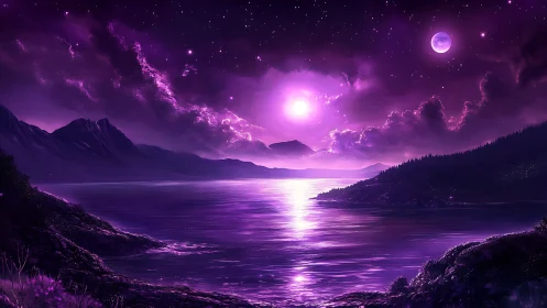 Spectral violet alien seascape under dual moons and volumetric clouds