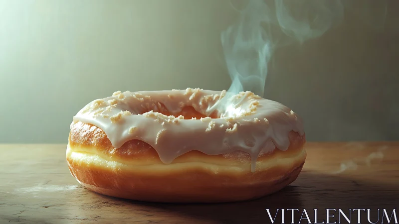 Photorealistic glazed doughnut still life on wood surface.