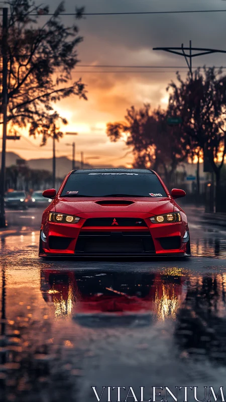 Bold red sports car glows against a rainy sunset street