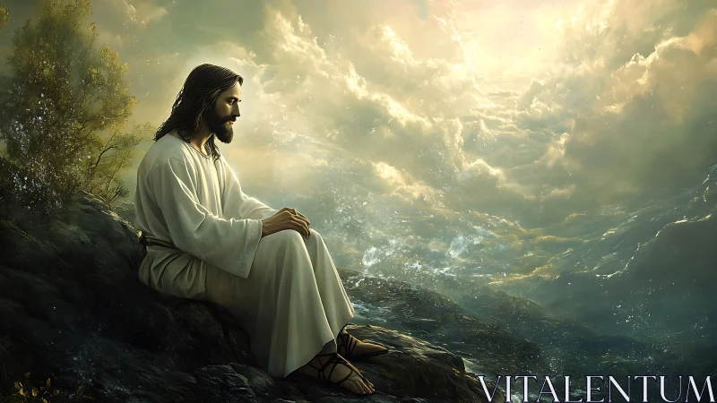 Contemplative robed figure on rocky shore under radiant sky