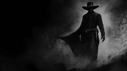 Gun-slinging cowboy silhouette strides through dense cinematic smoke