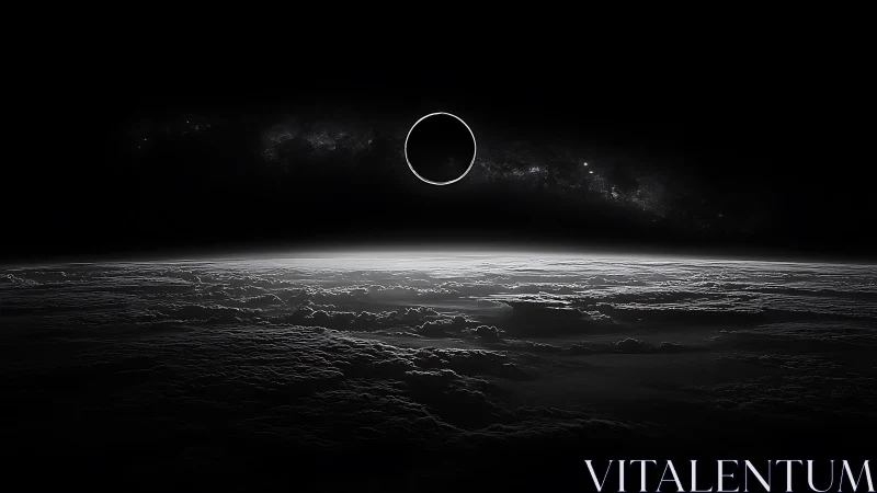 Backlit solar eclipse above stratified cloud deck in deep space