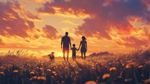 Silhouetted family walking dog through sunset meadow.