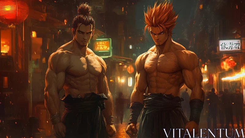 Fierce street warriors standing strong in glowing night market.