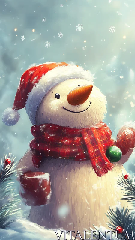 Textured snowman in red scarf under softly lit snowfall sky
