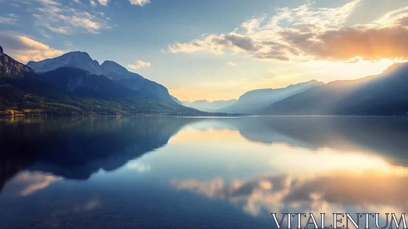 Calm mountain lake at sunrise with soft mirrored reflections.