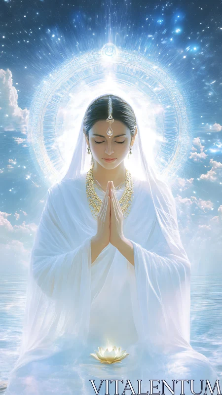 Divine woman meditates in radiant celestial light halo