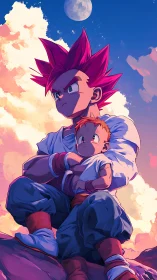 Skyward guardians: spiky‑haired warrior cradles brave child.