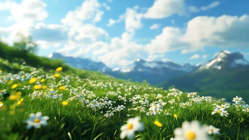 Alpine meadow blooms under bright spring mountain light.